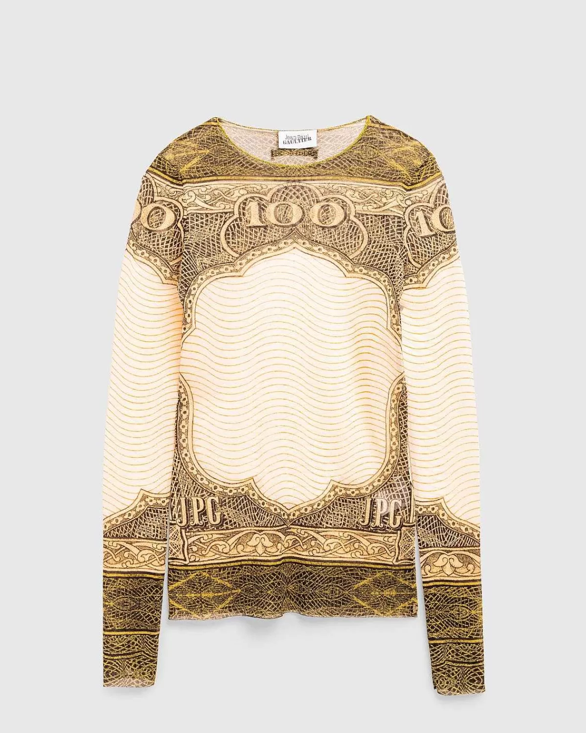 T-Shirts>Jean Paul Gaultier Langaermet Mesh Top Printet Cartouche Gron/Ecru/Sort/Orange