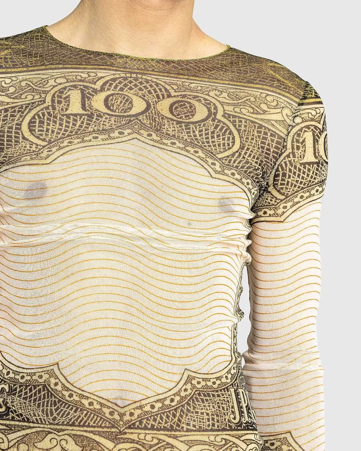 T-Shirts>Jean Paul Gaultier Langaermet Mesh Top Printet Cartouche Gron/Ecru/Sort/Orange